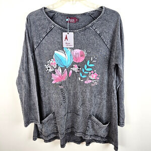 Avani Del Amour pullover Top Womens S Gray Boho Gypsy Pockets 3/4 sleeve